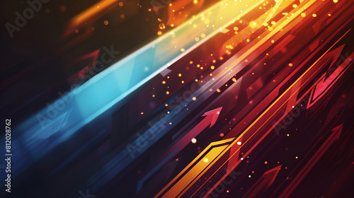 abstract background of glowing particles and lines  neon glowing arrows pointing in various directions Volumetric 3d illustration of different sparkling yellow and orange arrows aimed at each other 