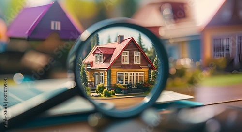 Concept de recherche de maison avec loupe. Choix d'un bien immobilier à acheter et à investir.  photo