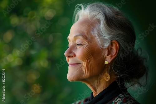 Radiant senior woman with a gentle smile, stylish attire, Joyful Senior Woman Enjoying Moment
