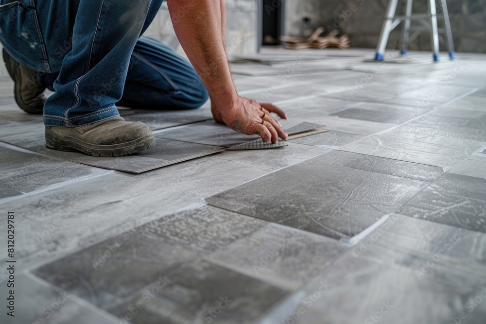A man laying tile on the floor, suitable for construction projects A man laying tile on the floor, suitable for construction projects