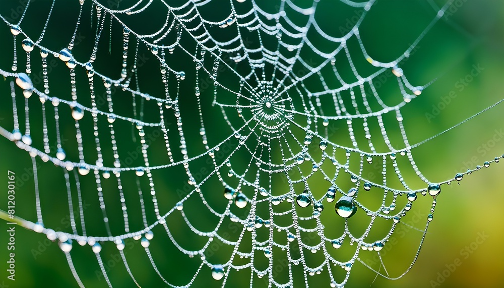Spider Web covered in sparkling dew drops with green background Spider Web covered in sparkling dew drops with green background