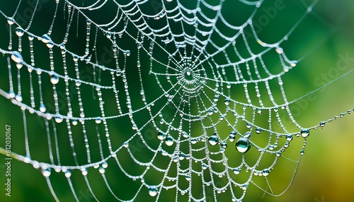 Spider Web covered in sparkling dew drops with green background