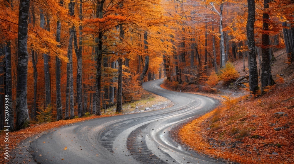 Obraz premium Road winding through a forest ablaze with autumn colors