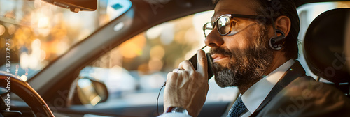 Morning Commute Efficiency: Sales Rep in Car Making Client Calls, Maximizing Time and Connecting with Customers Photo Realistic Sales Concept