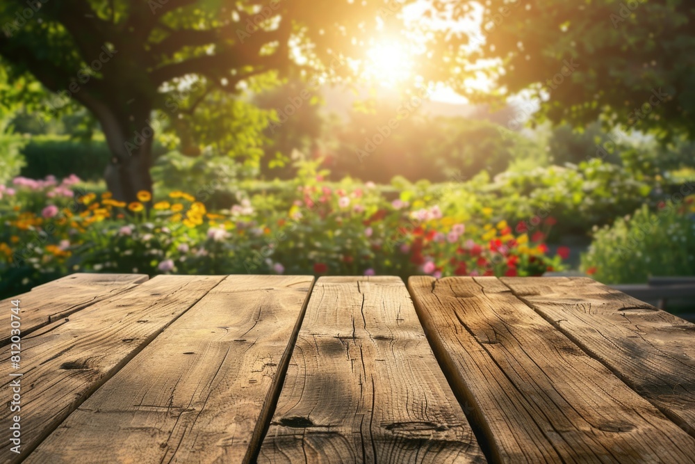 A wooden table placed in a beautiful garden. Perfect for outdoor dining A wooden table placed in a beautiful garden. Perfect for outdoor dining