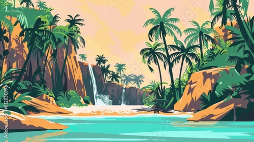 A vibrant desert oasis in pop art style  lush palm trees  turquoise water  simplified shapes