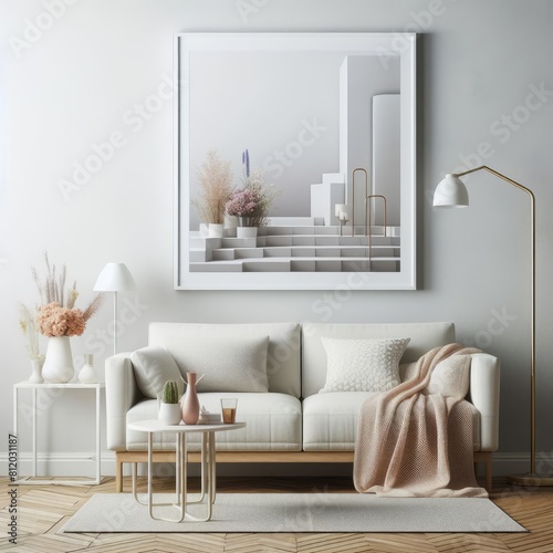 A white couch and a painting on a wall image photo lively card design. photo