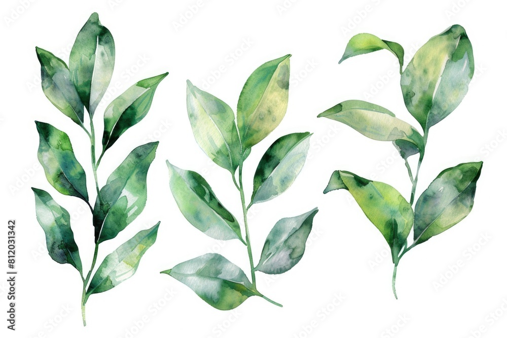 Fresh green leaves on a clean white background. Perfect for botanical designs Fresh green leaves on a clean white background. Perfect for botanical designs