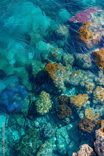 Aerial view of a vibrant coral reef visible through the crystal-clear water, teeming with colorful fish and diverse marine life