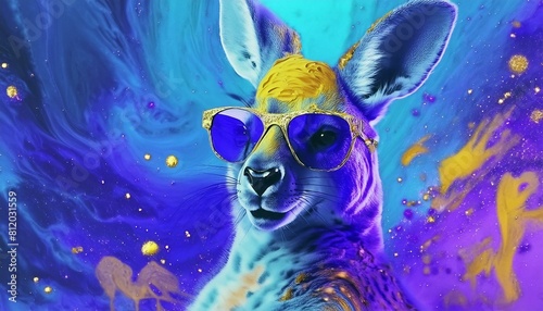 Fun party style super happy kangaroo looking over it's shoulder while wearing cool sunglasses over a acrylic blue and purple abstract backdrop photo