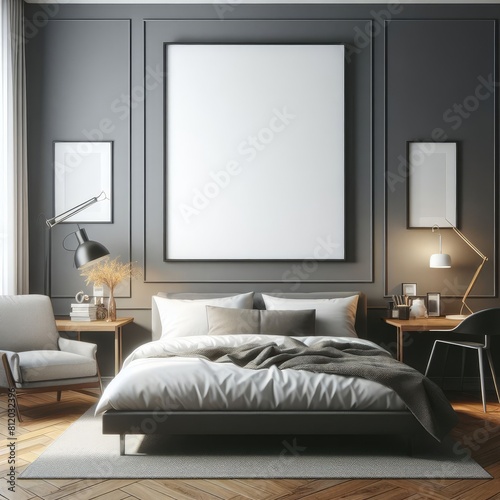 Bedroom sets have template mockup poster empty white with Bedroom interior and a chair image photo harmony lively card design.