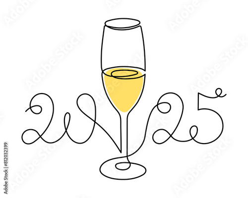 Glass, celebrating 2025 new year,one line art,continuous drawing contour.Cheers toast,festive hand drawn holiday decoration,simple minimalist design.Editable stroke.Isolated.