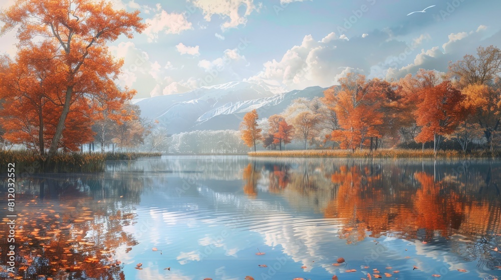 Naklejka premium Tranquil lake reflecting the stunning hues of autumn leaves