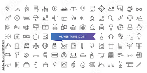 Adventure icon collection. Related to hike, campfire, snorkeling, climbing, travel and canoeing icons. Outdoor activity concept icon set.