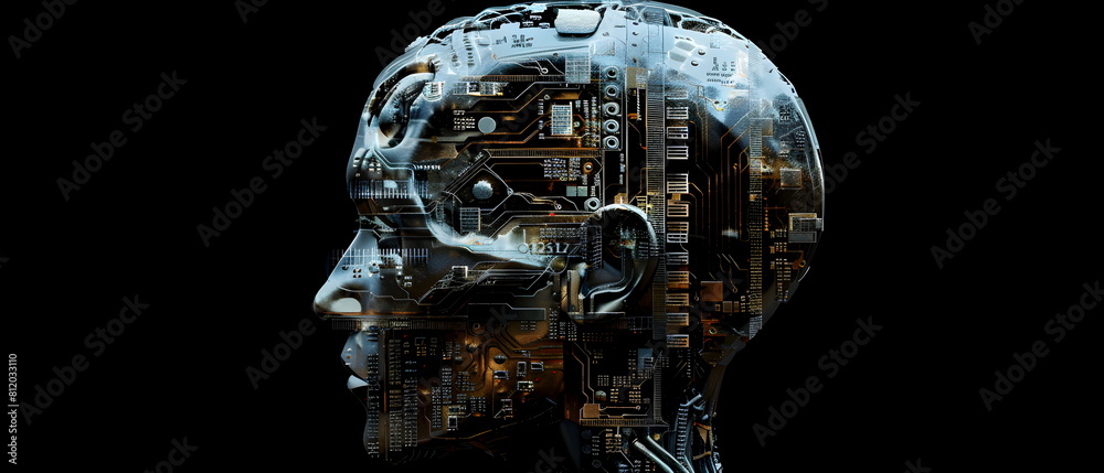 Half-frontal view of a normal human head made from Circuit board CPU chip with AI smart brain Overlay X-ray image of a human skull, Artificial intelligence of brain Half-frontal view of a normal human head made from Circuit board CPU chip with AI smart brain Overlay X-ray image of a human skull, Artificial intelligence of brain