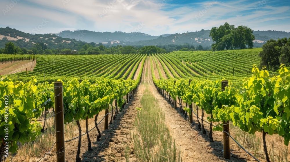 Vineyard landscape with rows of lush green vines bearing seedless grapes Vineyard landscape with rows of lush green vines bearing seedless grapes