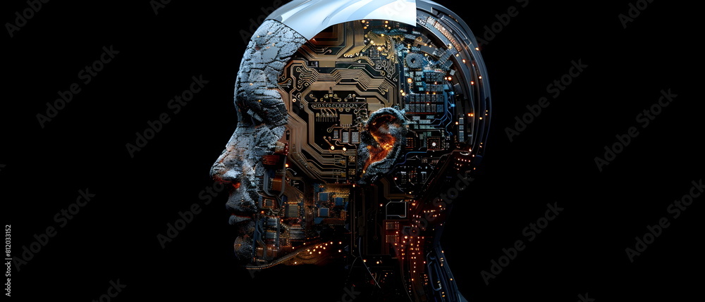 Half-frontal view of a normal human head made from Circuit board CPU chip with AI smart brain Overlay X-ray image of a human skull, Artificial intelligence of brain Half-frontal view of a normal human head made from Circuit board CPU chip with AI smart brain Overlay X-ray image of a human skull, Artificial intelligence of brain