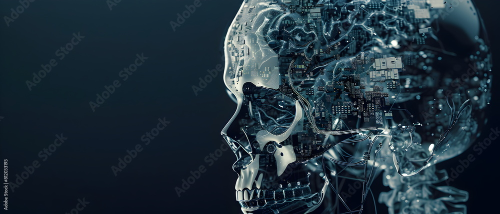 Half-frontal view of a normal human head made from Circuit board CPU chip with AI smart brain Overlay X-ray image of a human skull, Artificial intelligence of brain Half-frontal view of a normal human head made from Circuit board CPU chip with AI smart brain Overlay X-ray image of a human skull, Artificial intelligence of brain