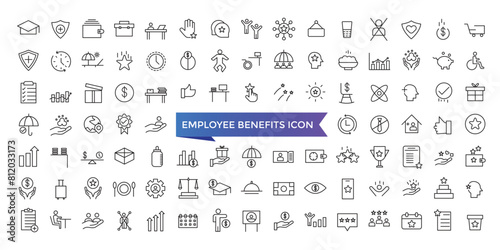 Employee benefits icon collection. Related to social security, pay raise, health and life insurance, paid vacation, bonus and more icons set.