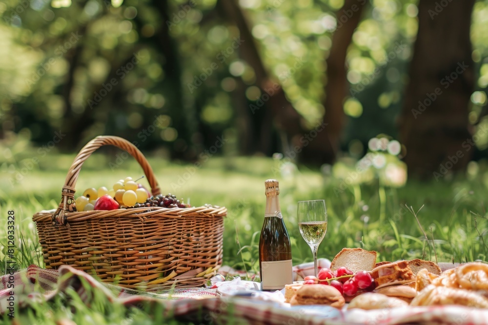 Enjoy a picnic in the natural landscape with a picnic basket, tableware, fruit, and wine glasses Enjoy a picnic in the natural landscape with a picnic basket, tableware, fruit, and wine glasses