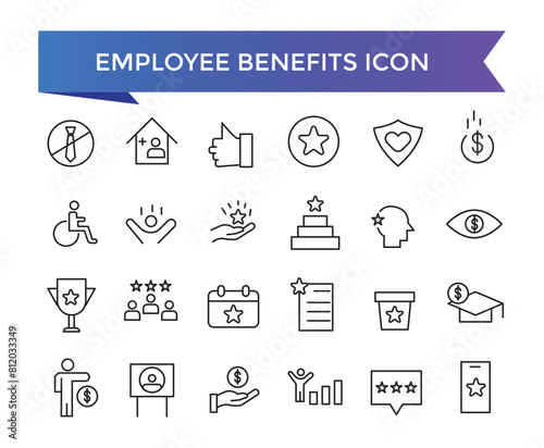 Employee benefits icon collection. Related to social security, pay raise, health and life insurance, paid vacation, bonus and more icons set.