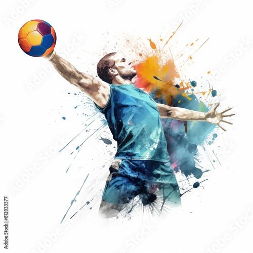 Watercolor sport illustration of handball with colorful splashes. Handball player