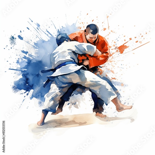 Watercolor sport illustration of judo with colorful splashes. Judo sparring
