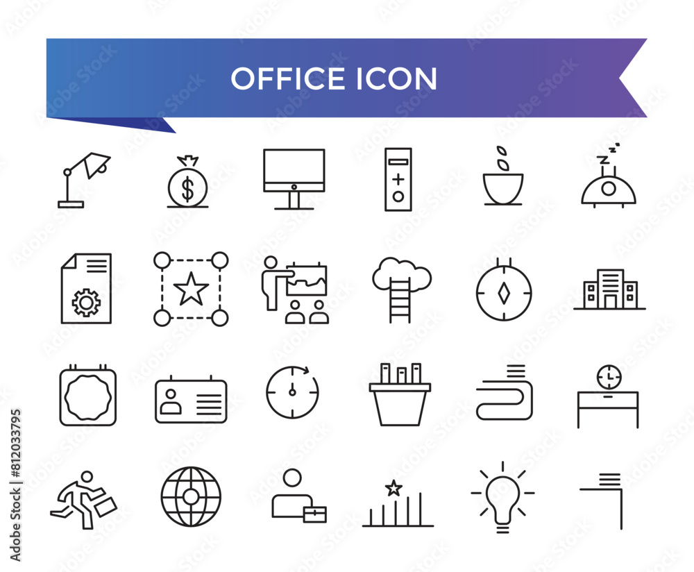 Office icon collection. Related to briefcase, desk, computer, meeting, employee, schedule and co-worker symbol. Line workspace icons vector set. Office icon collection. Related to briefcase, desk, computer, meeting, employee, schedule and co-worker symbol. Line workspace icons vector set.