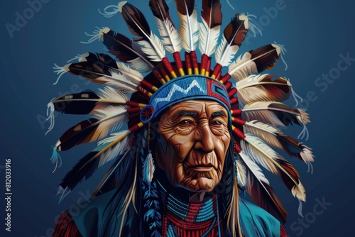 Portrait of a Native American man in traditional feather headdress. Suitable for cultural and historical projects
