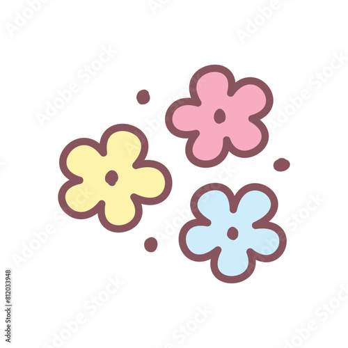 Cute flowers icon. Hand drawn illustration of three daisies isolated on a white background. Kawaii sticker. Vector 10 EPS.