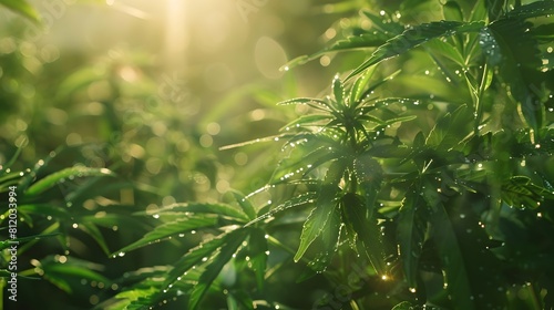 Vibrant Green Cannabis Field with Morning Dew and Filtered Sunlight in Organic Farming Scene