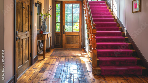 Chic home entry with a bright magenta staircase a rustic wooden door and a polished hardwood floor