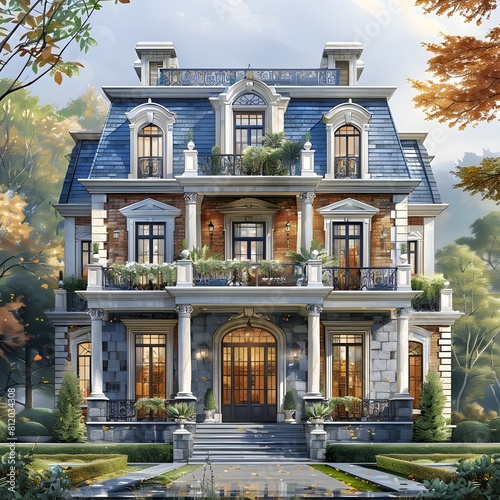 Elegant Mansion in Vibrant Triadic Color Scheme Watercolor Flat Design Front View