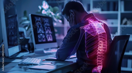 A medical Xray image illustrating the debilitating joint pain from office syndrome in an office worker, enhanced with neon lighting to spotlight areas of stress and clear vertebrae