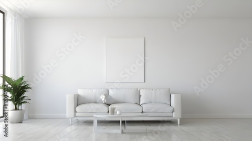 Empty blank mock up White frame on white wall with white sofa or white wooden floor