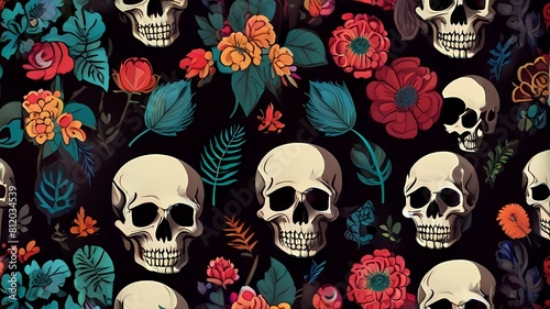 seamless pattern with skulls and flowers on a black background 