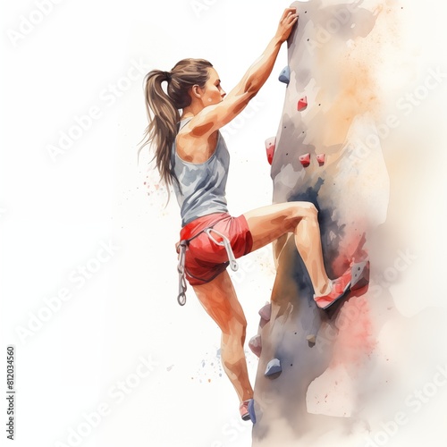 Watercolor sport illustration of climbing with colorful splashes. Rock climbing