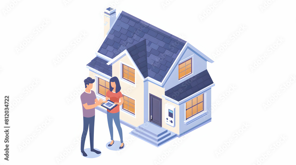 Smart Home Climate Control: Couple Using Tablet to Adjust Climate for Comfort and Efficiency Isometric Illustration Smart Home Climate Control: Couple Using Tablet to Adjust Climate for Comfort and Efficiency Isometric Illustration