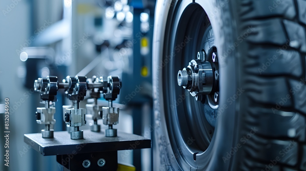 Fototapeta premium Close-up Tire Stress Test with Measurement Equipment on Rubber Surface
