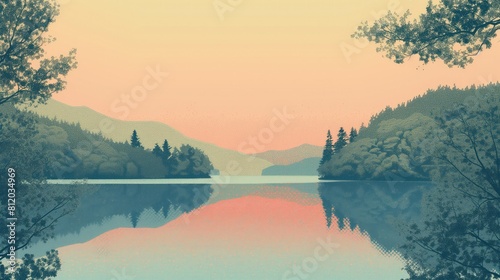 Malarstwo przedstawia jezioro otoczone drzewami w minimalistycznym stylu. Sceneria skupia się na spokojnej wodzie i bujnej roślinności wokół