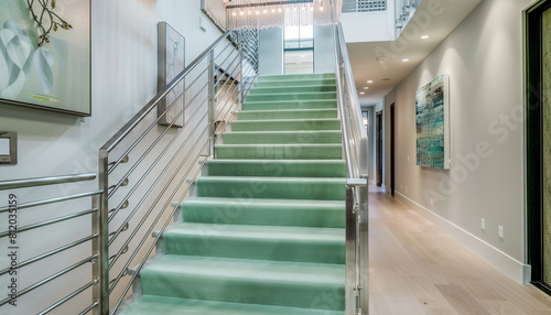 Contemporary home entrance with mint green carpeted stairs accented by a chrome banister and a light oak floor An overhead modern art installation serves as both a light source and a focal point