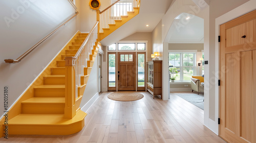 Contemporary entrance with a sunflower yellow staircase broad wooden front door and pale hardwood floors extending to a vaulted ceiling Bright cheerful interior