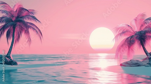 Obraz przedstawia dwie palmy rosnące na plaży. W tle widać piasek i morze. Słońce zachodzi nad horyzontem, malując niebo odcieniami czerwieni i pomarańczy photo
