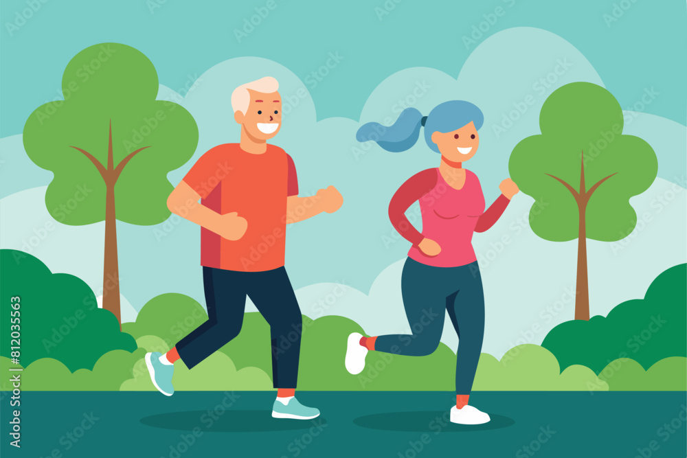 Senior couple engaged in jogging in local park vector design