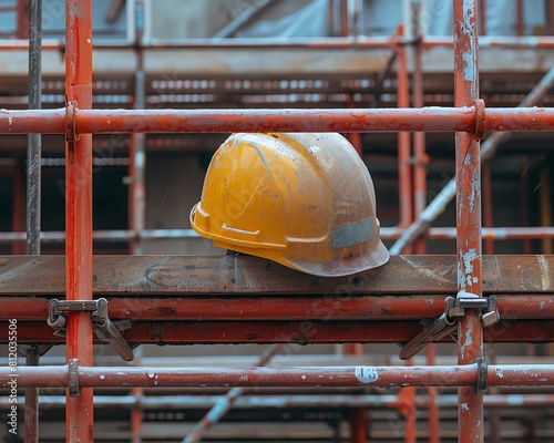 Construction site with a hardhat and work vest placed on scaffolding, emphasizing safety and ongoing work, ideal for industrial themes photo