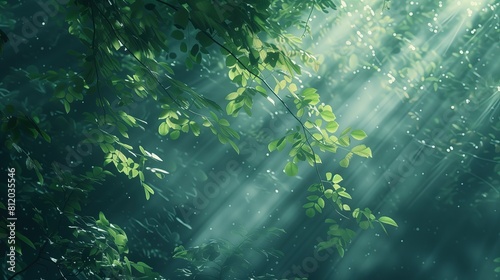 Promienie słoneczne przenikające przez gęste zielone liście drzewa, tworząc jasne plamy na ziemi photo