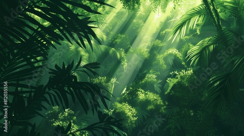 Obraz przedstawia gęsty zielony las, wypełniony wieloma drzewami. Słońce przenika przez gęstą zieloną roślinność, tworząc efektowną grę świateł i cieni photo
