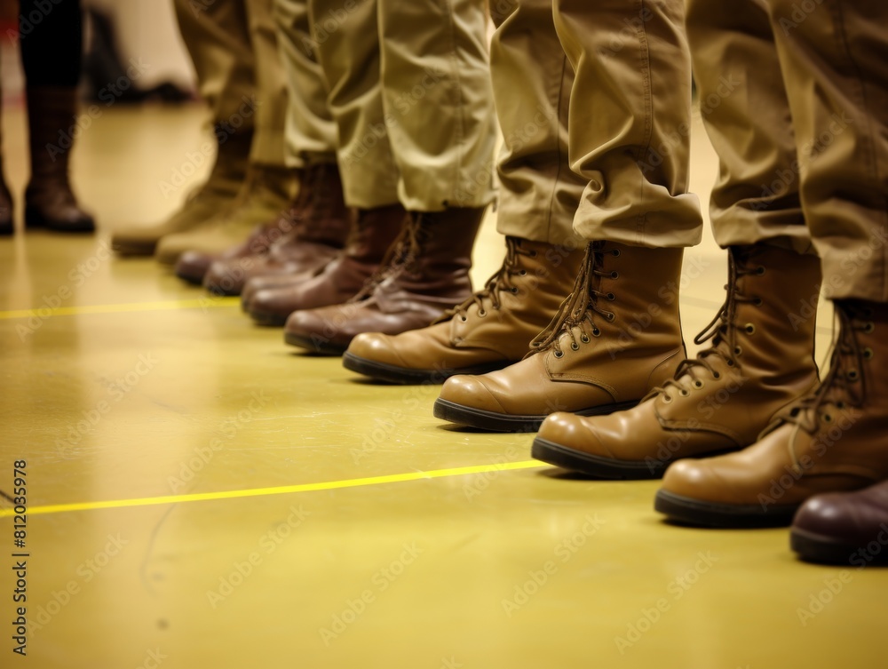 Cadets feet during a drill exercise, their boots and pants creating a pattern of conformity and discipline