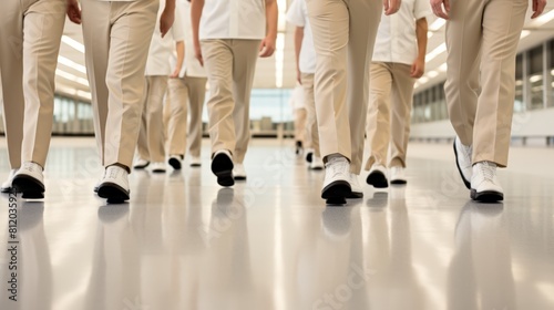 Airline crew walking in a line at an airport, focused on their identical shoes and the rhythm of their movement photo
