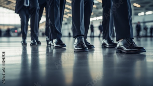 Airline crew walking in a line at an airport, focused on their identical shoes and the rhythm of their movement photo